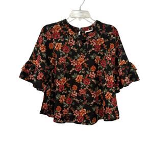 Urban Outfitters Boxy Floral Ruffle Sleeve Black Blouse See Measurements Small